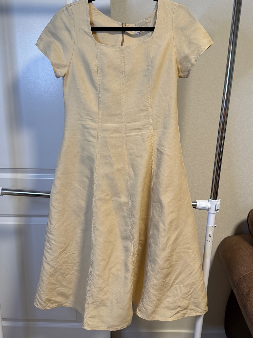 UNIQLO Linen Blend Square Neck Short Sleeve Midi Dress Beige Size M Pockets